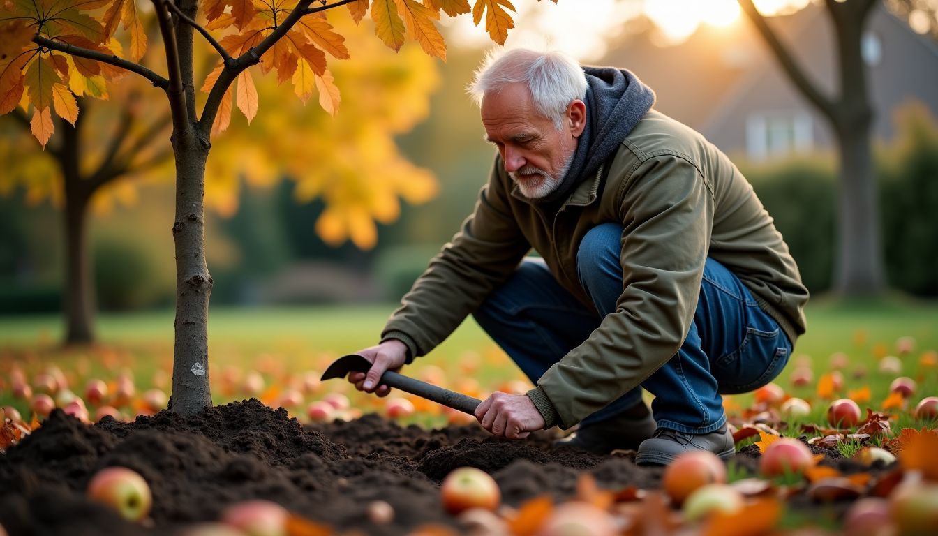 An elderly man plants an apple tree in a garden during autumn.