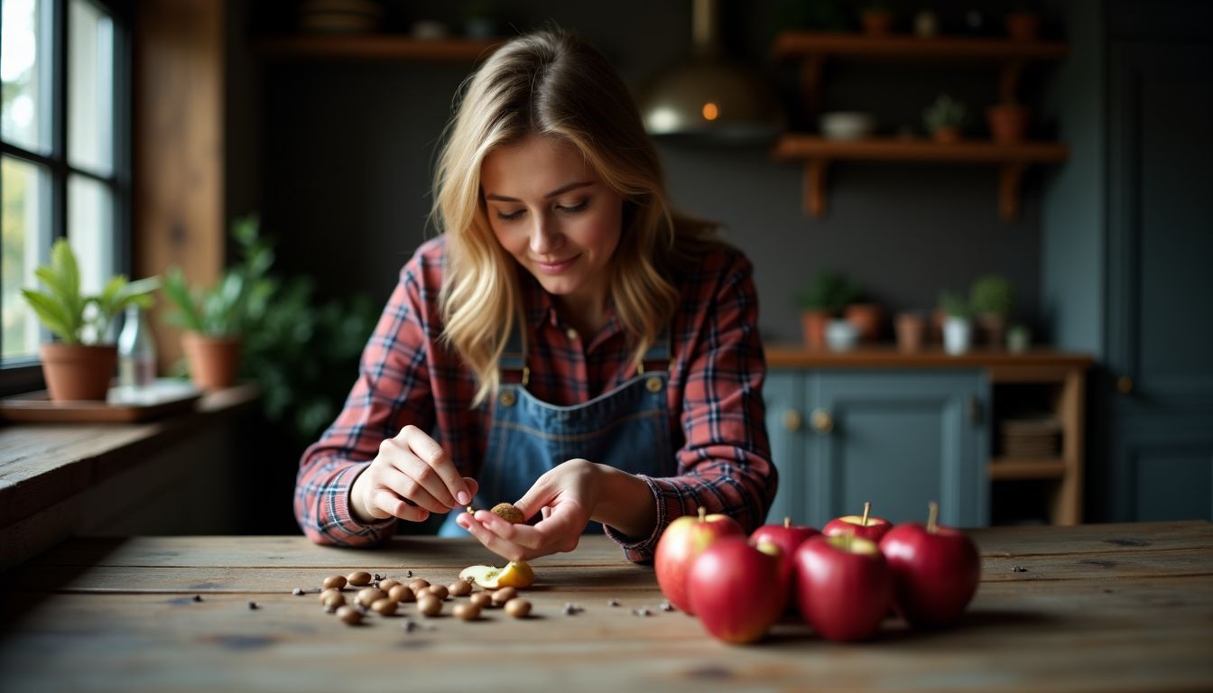 A woman examines apple seeds at a wooden table.